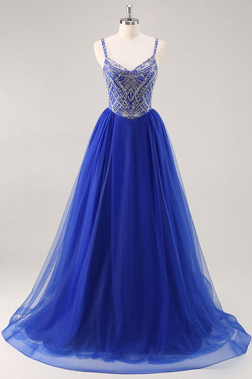 Robe de soirée longue bleu royal avec perles